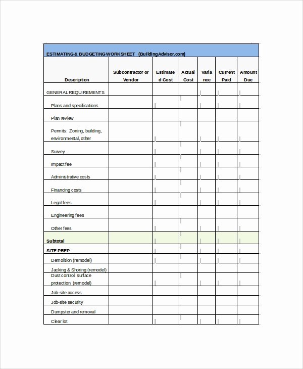 work estimate template