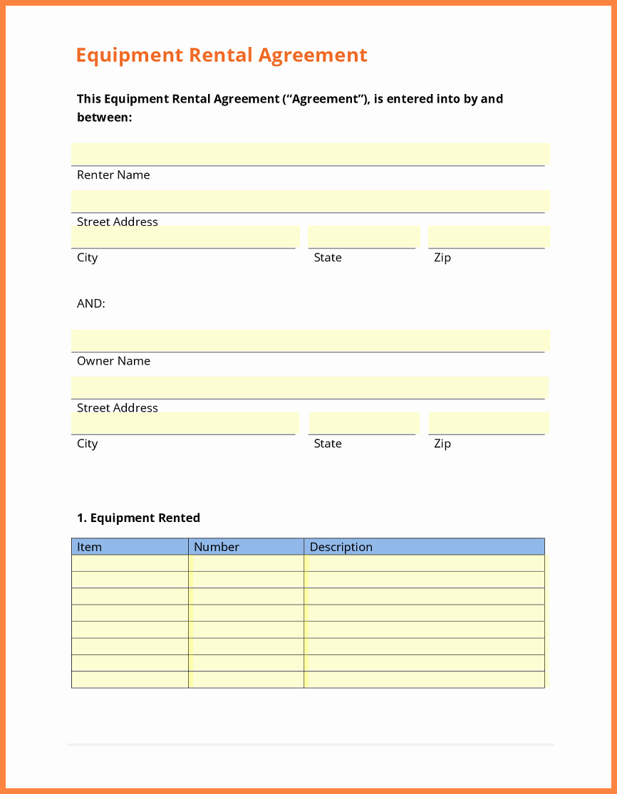 9 equipment rental agreement form template