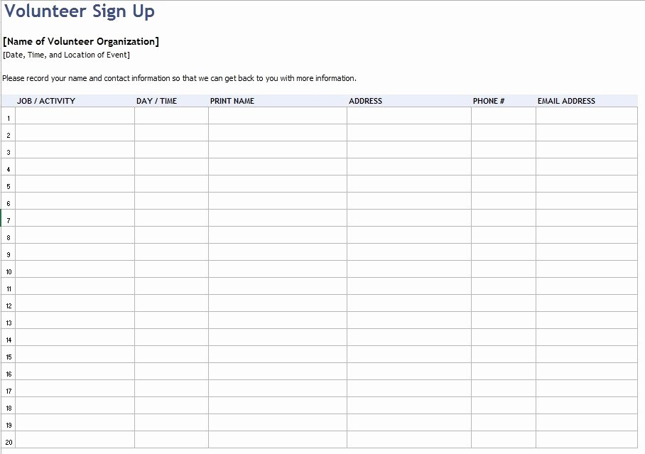 volunteer sign up sheet templates