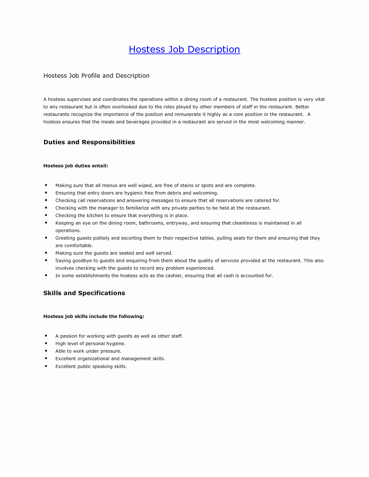 9 Hostess Job Description for Resume