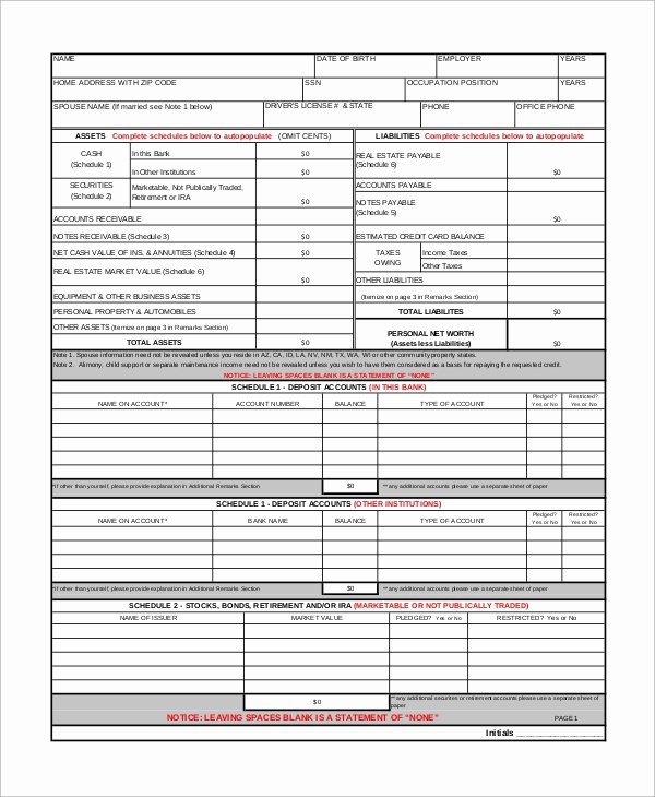 9 Sample Personal Financial Statement forms