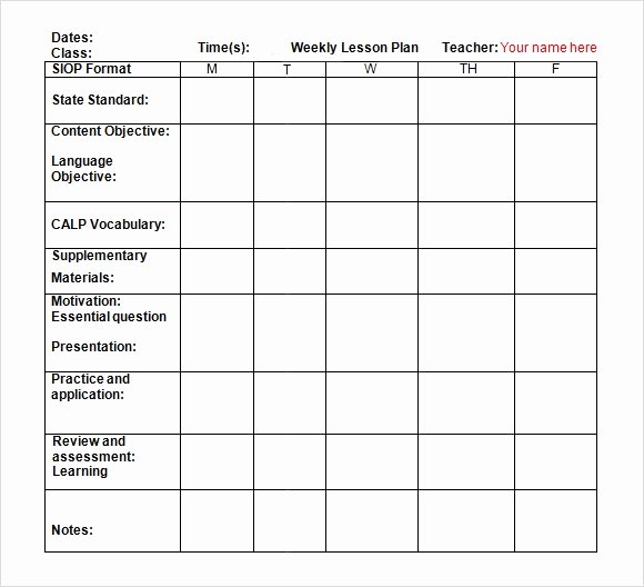 weekly lesson plan template