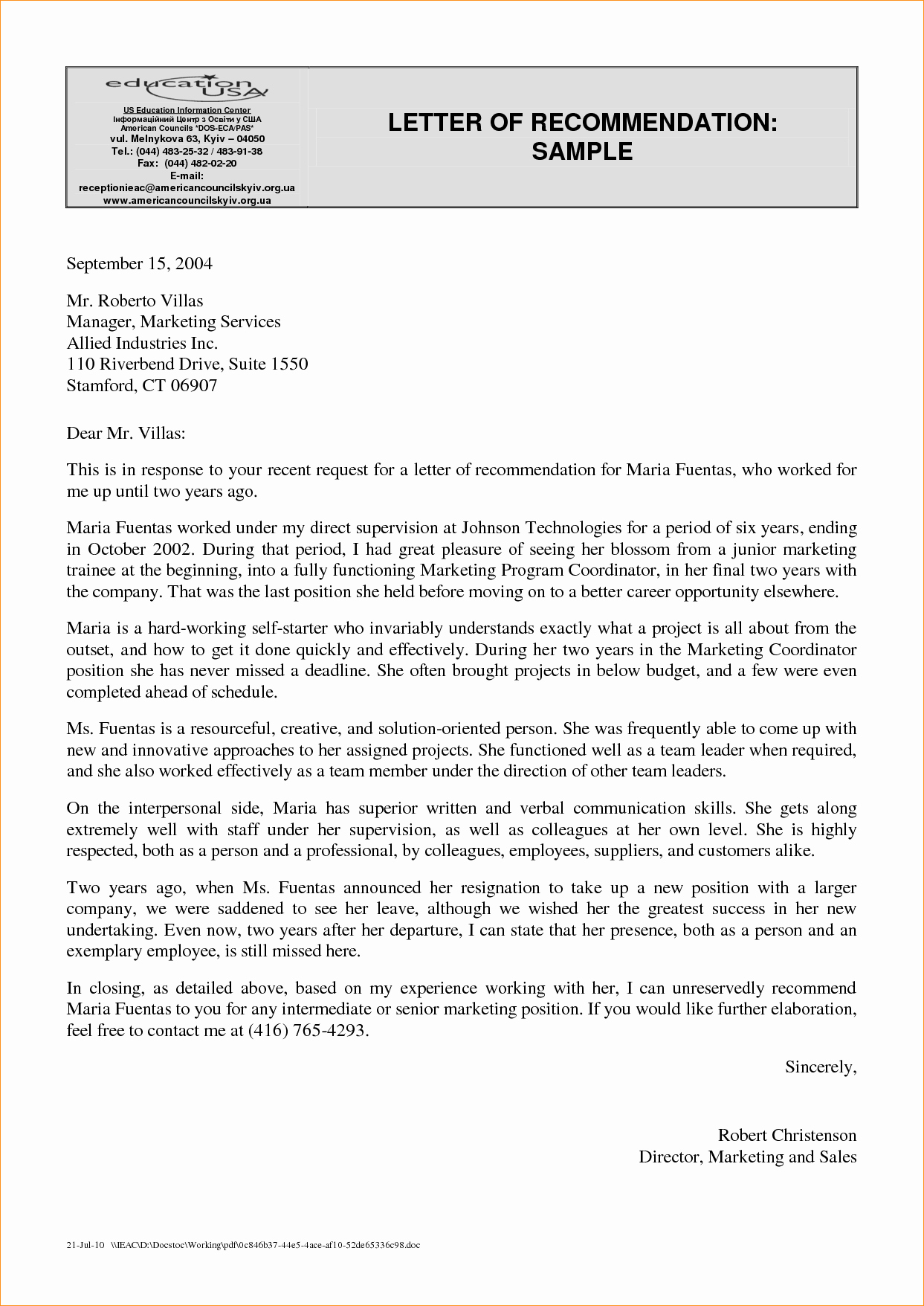 A Professional Letter Of Re Mendation Business