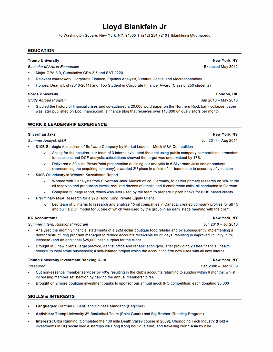 A Sample Investment Banking Resume