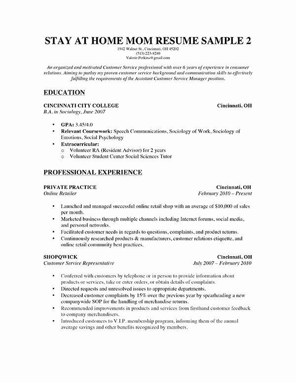 A Stay at Home Mom Resume Sample for Parents with Only A