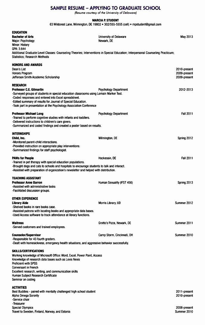 Academic Resume for Graduate School Best Resume Collection