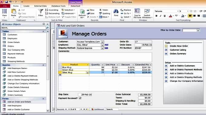Access Inventory order Shipment Management Database