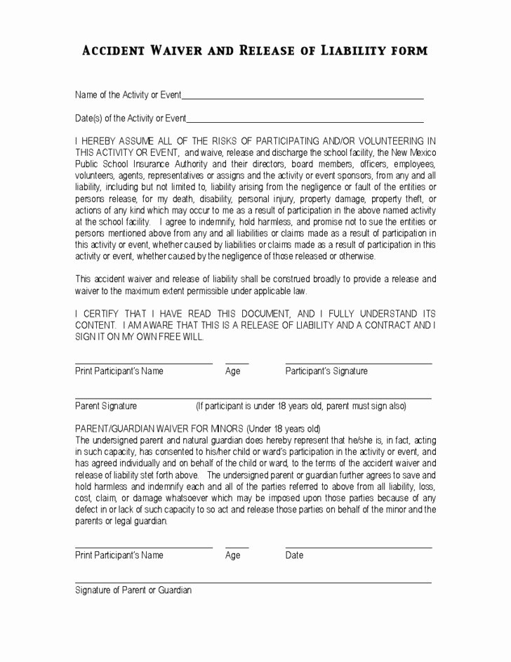 Accident Waiver Release Liability form Template