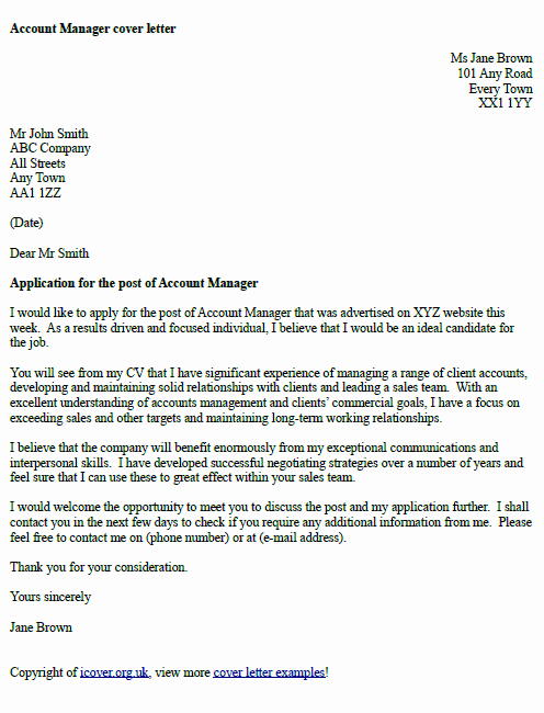 Account Manager Cover Letter Example Icover