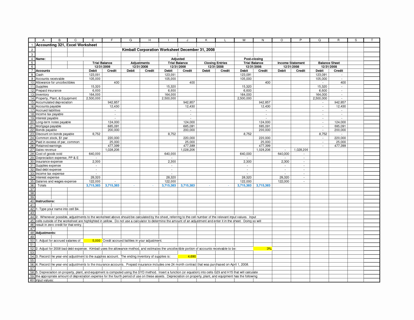 Accounting Worksheet for Excel Kidz Activities