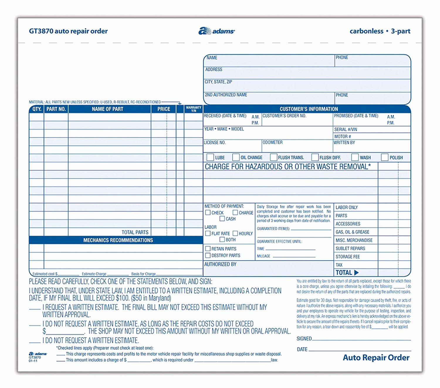 Adams Auto Repair order forms 8 5 X 7 44 Inch 3 Part