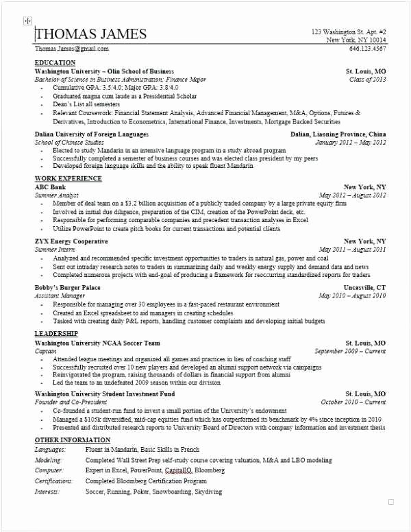 Additional Information Resume Unique Investment Banking