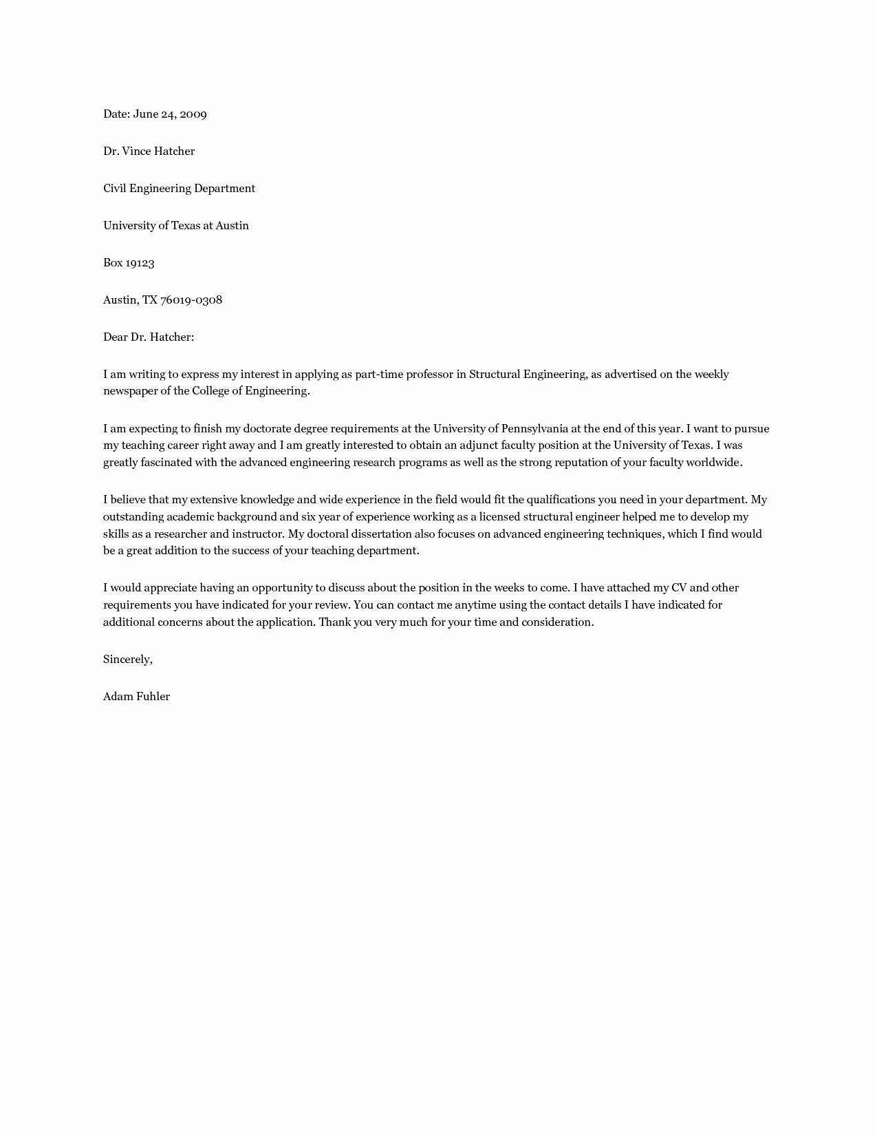 Adjunct Faculty Cover Letter Template