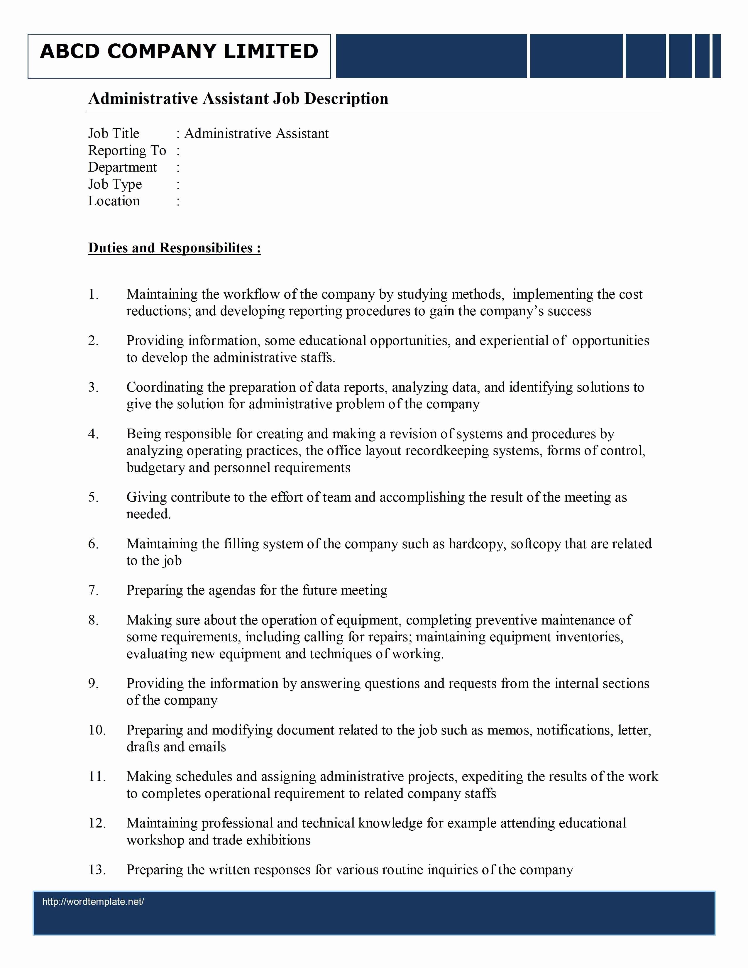 Administrative assistant Job Description for Resume