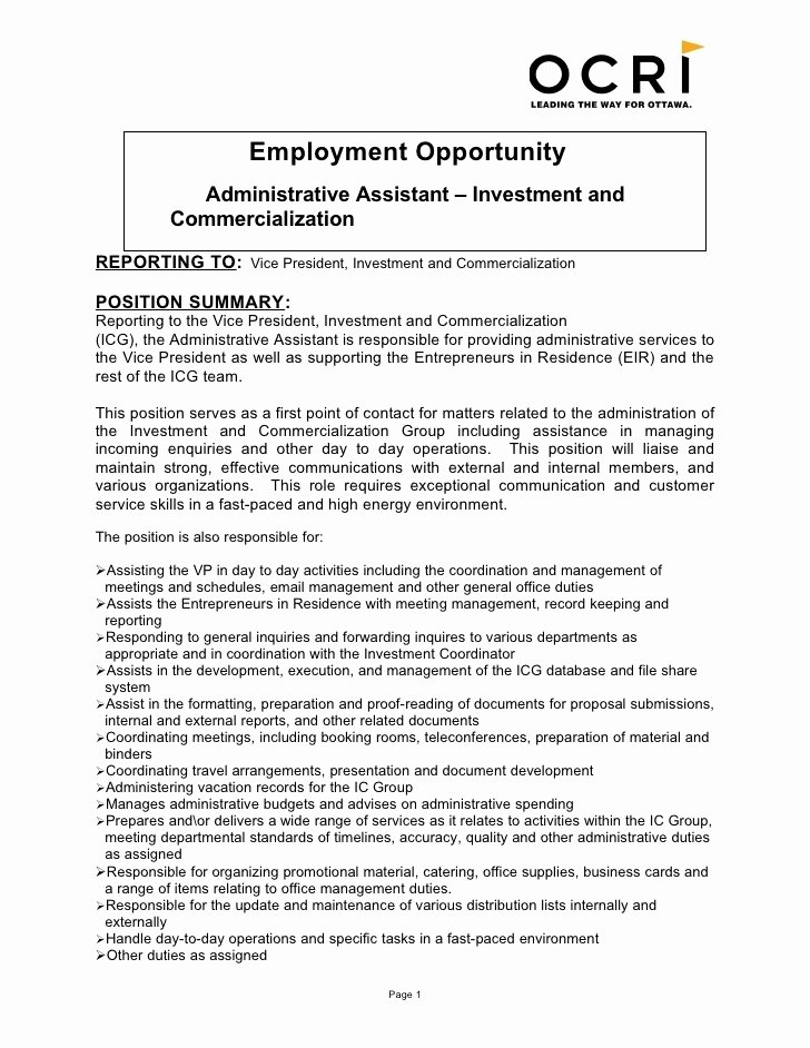 Administrative assistant Job Description for Resume
