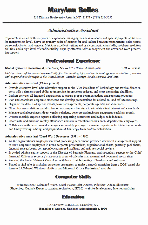 Administrative assistant Resume Example Sample