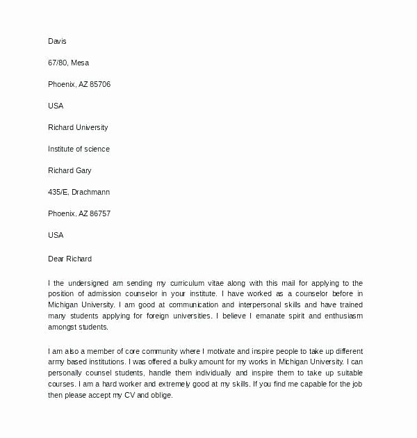 Admission Counselor Cover Letter