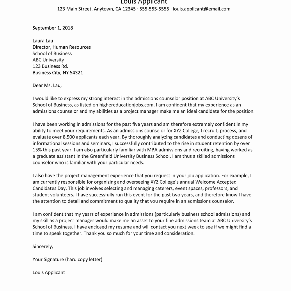 Admissions Counselor Cover Letter and Resume Examples