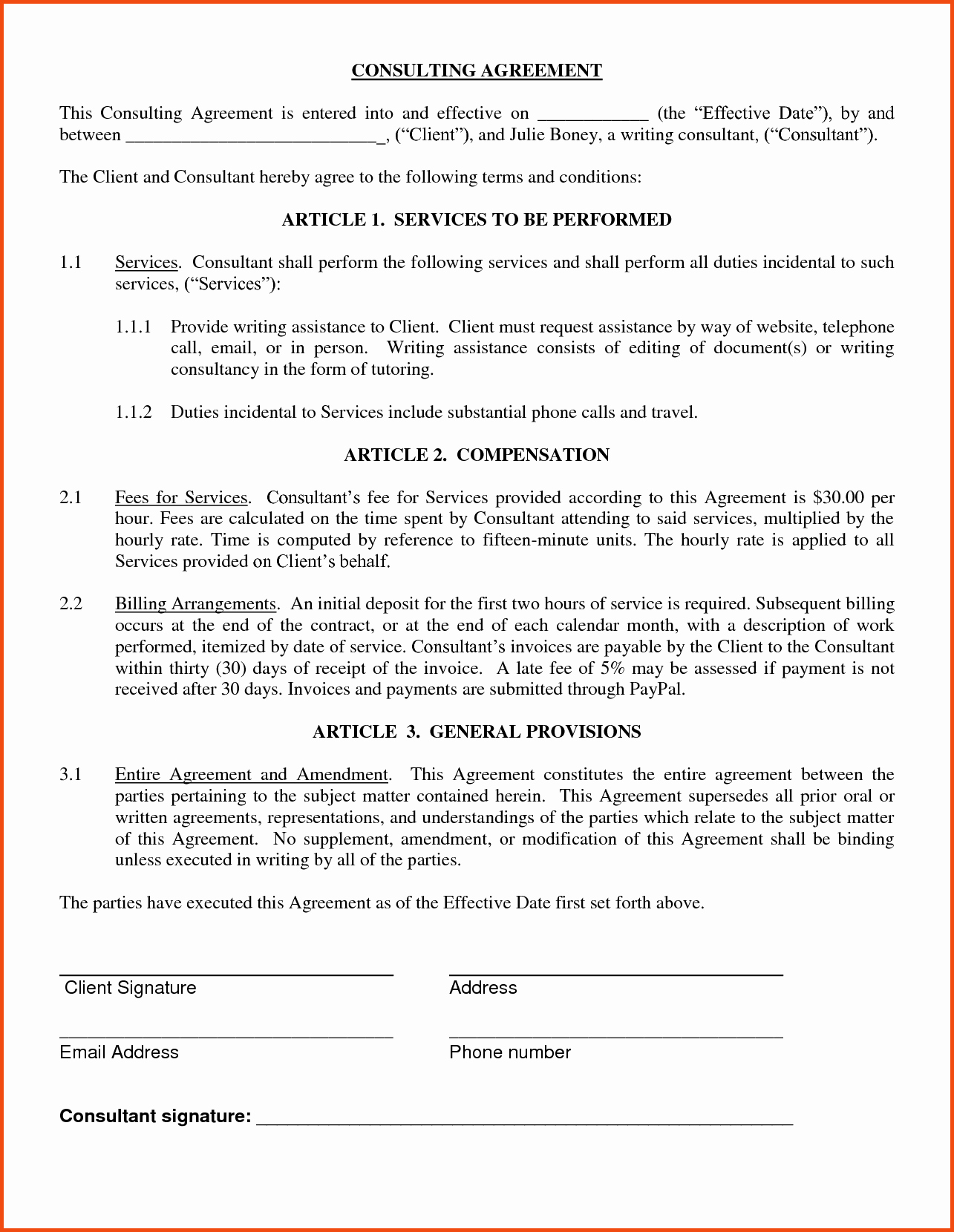 Agreement Free Printable Consulting Agreement form