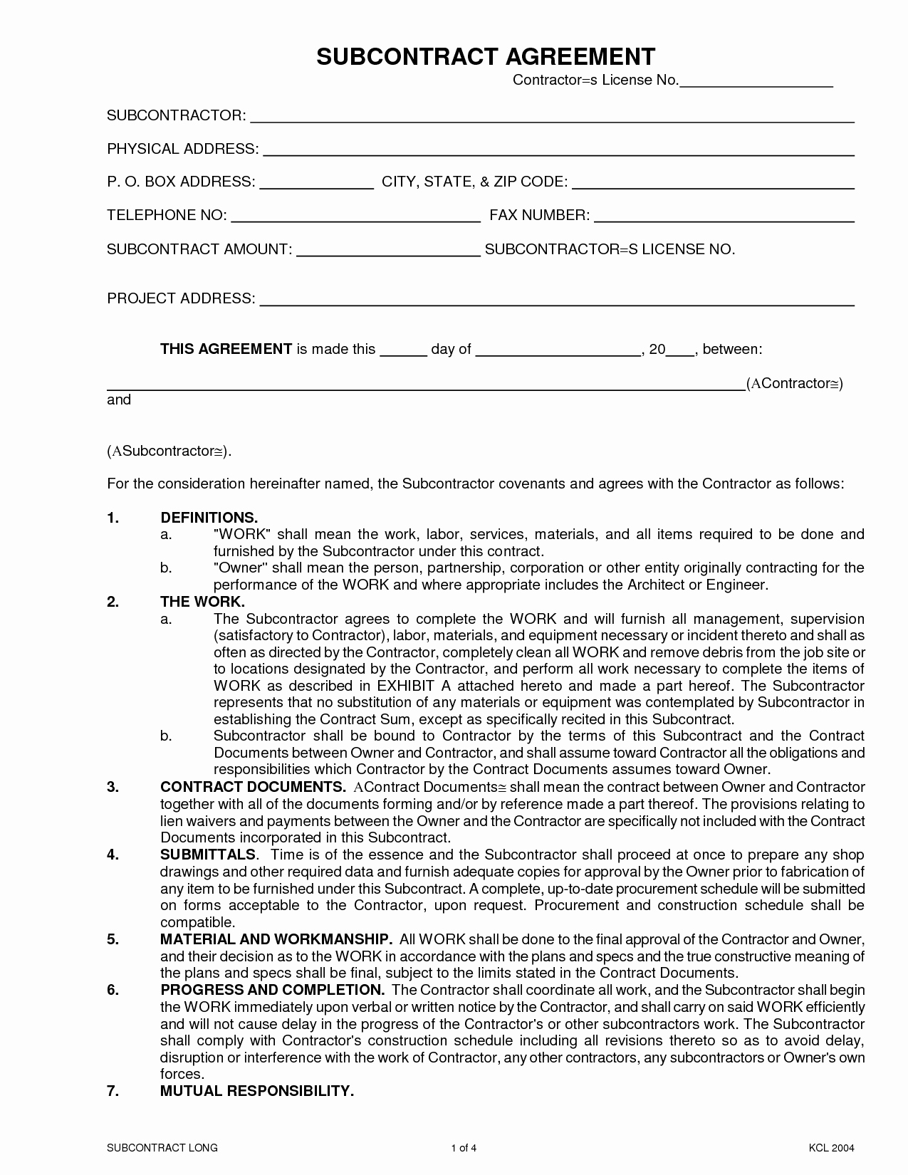 Agreement Subcontractor Agreement Template