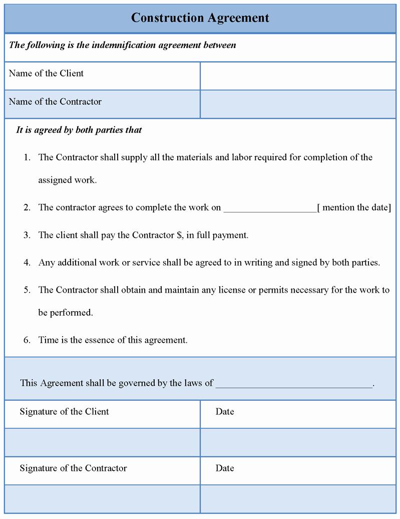 Agreement Template for Construction Template Of