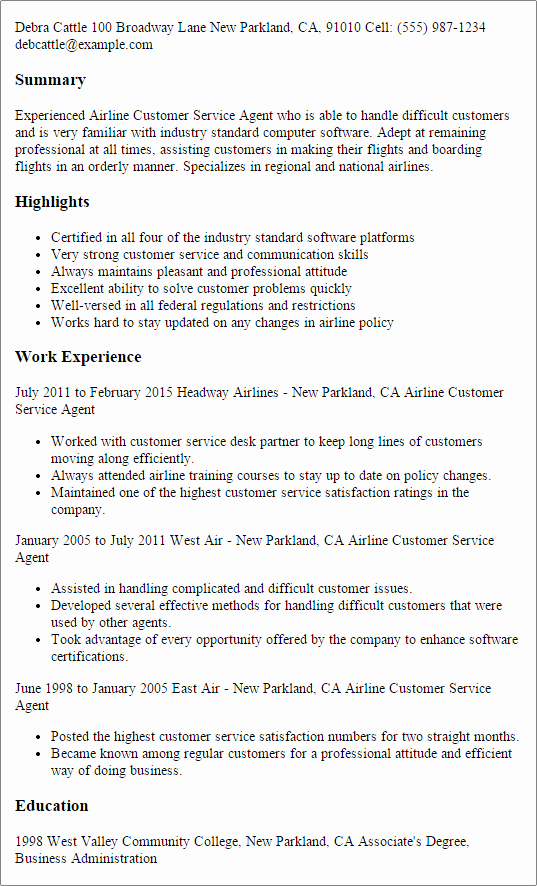 Airline Customer Service Agent Resume Template — Best