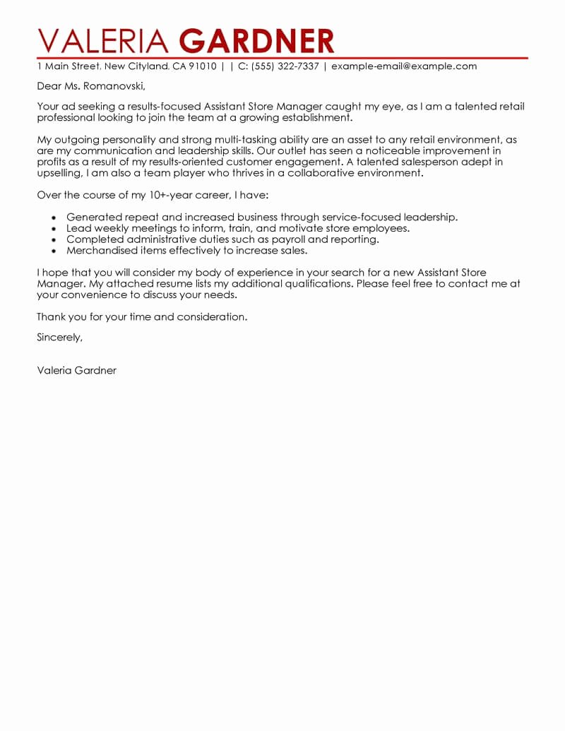 Amazing Retail assistant Store Manager Cover Letter