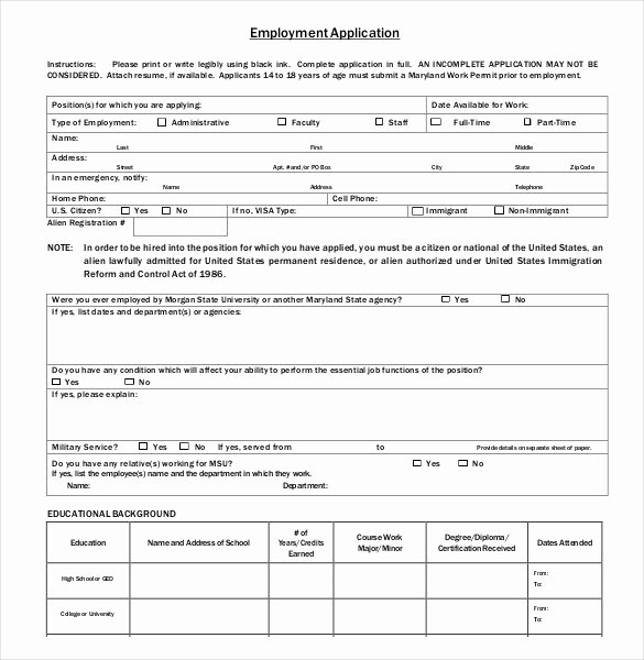 Application for Employment Template Employment Application