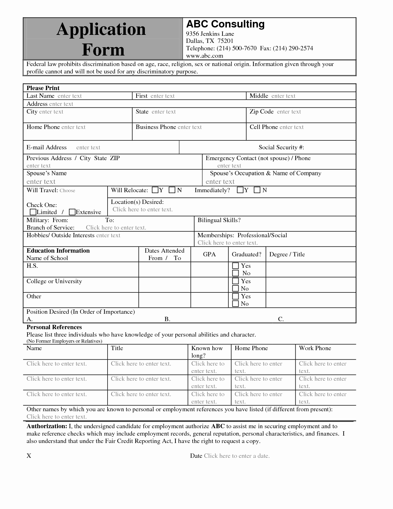 generic application for employment