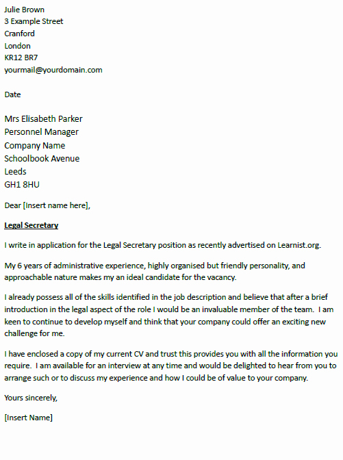 Application Letter Sample Cover Letter Sample Legal Secretary