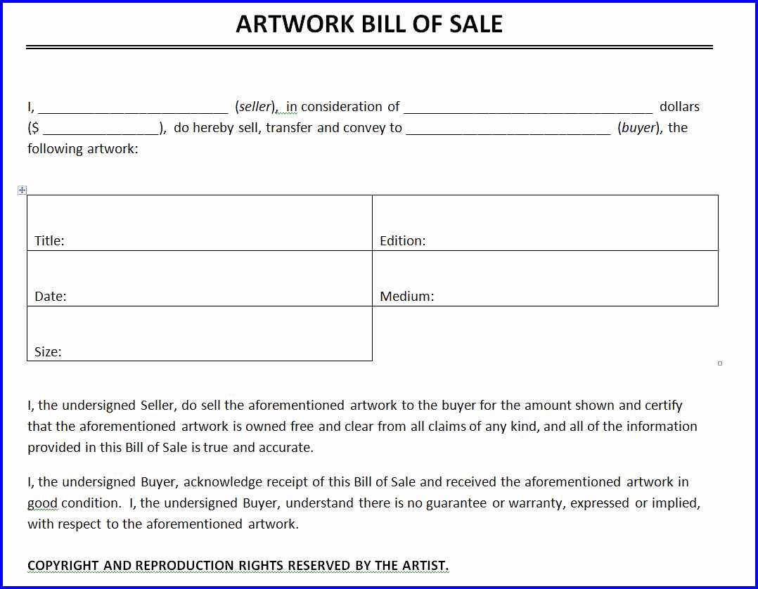 Artwork Bill Of Sale Template Ms Word Templates Ms