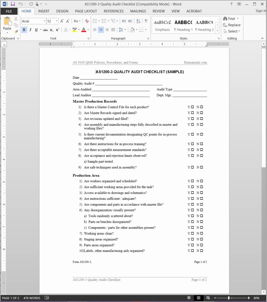 As9100 Quality Audit Checklist Sample