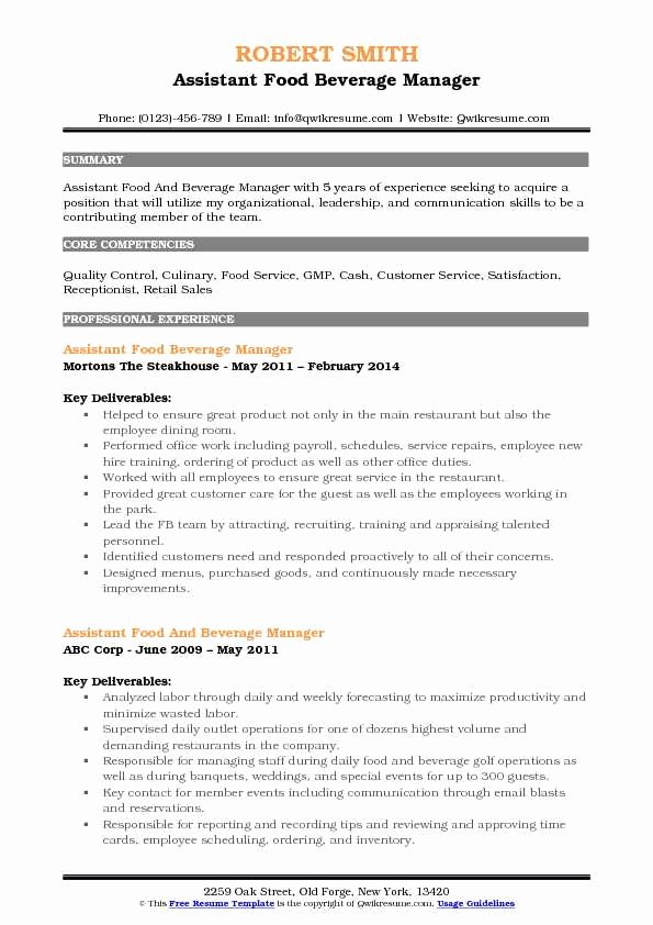 Assistant Food and Beverage Manager Resume Samples