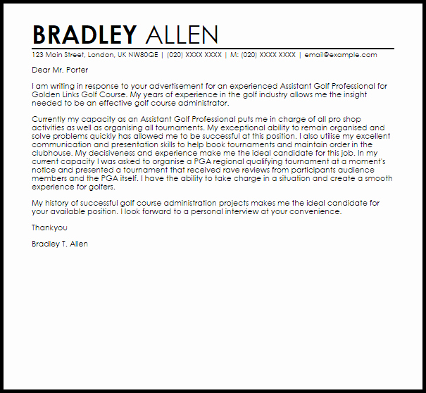 Assistant Golf Professional Cover Letter Sample