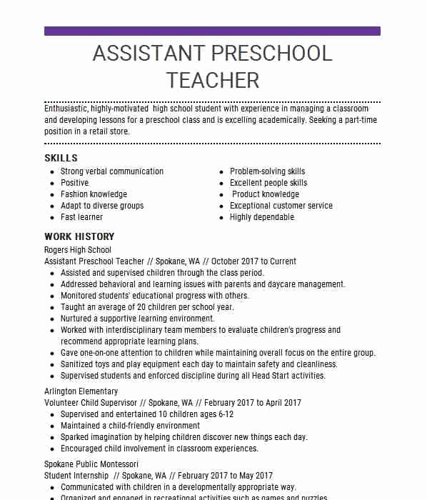 Assistant Preschool Teacher Resume Sample