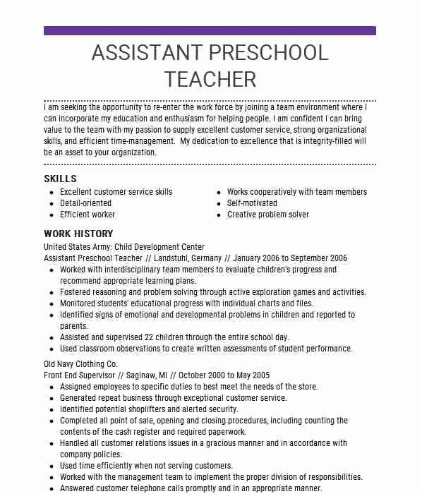 Assistant Preschool Teacher Resume Sample