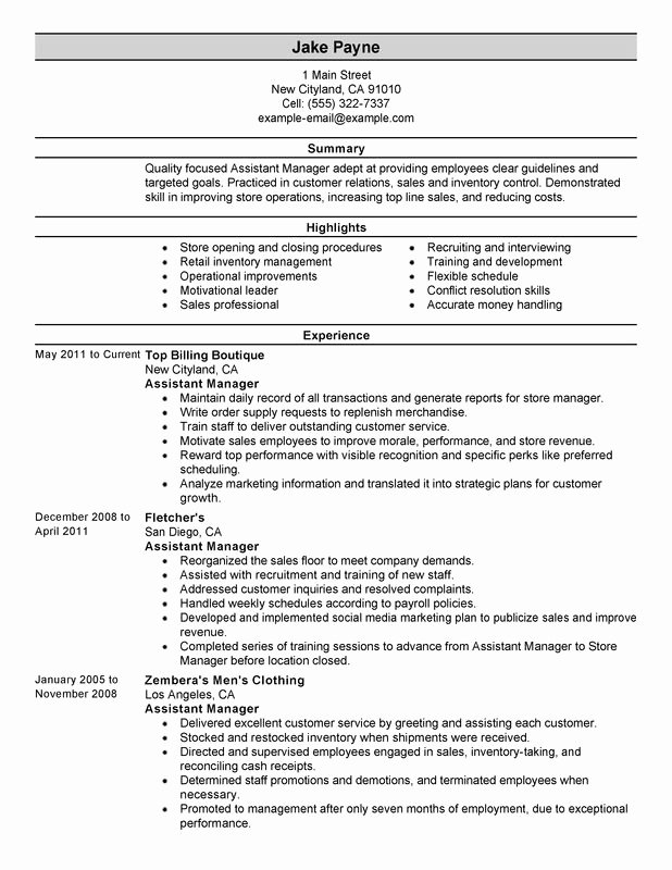 assistant manager resume sample