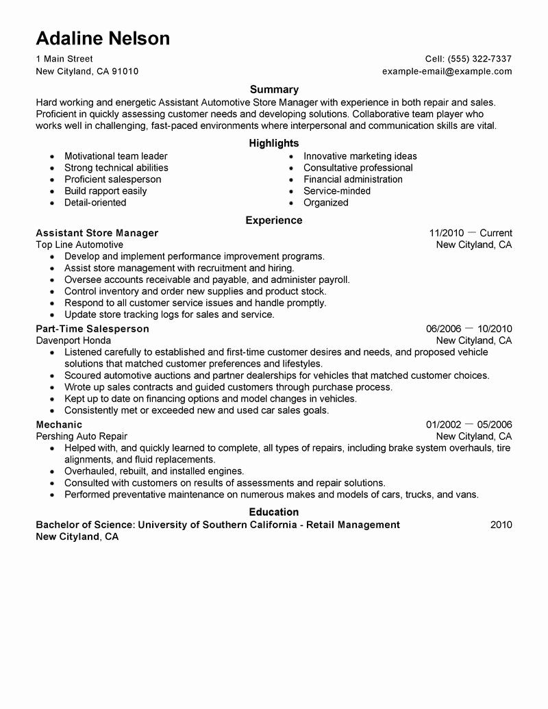 Assistant Store Manager Resume Example