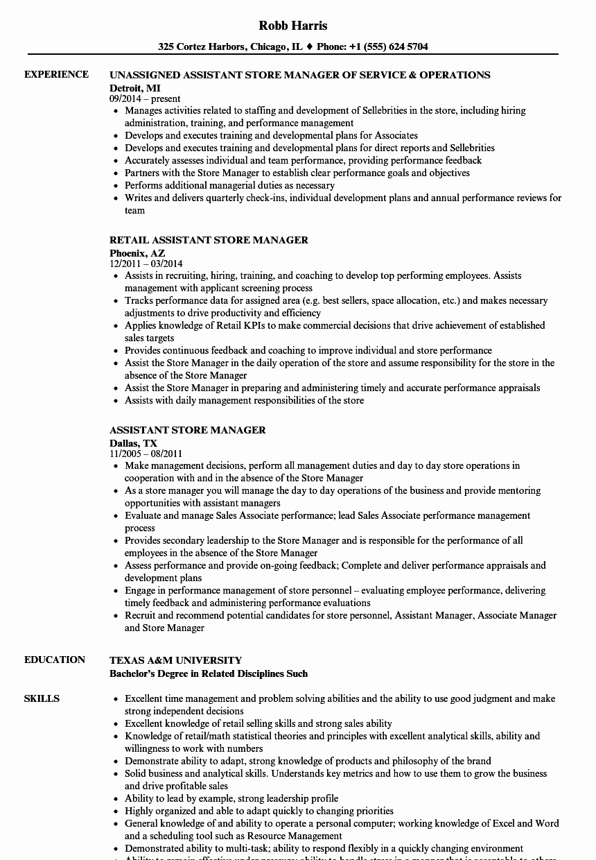 Assistant Store Manager Resume Samples