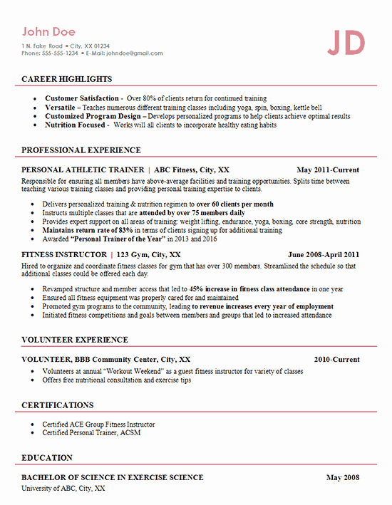 Athletic Trainer Resume Example Fitness Management