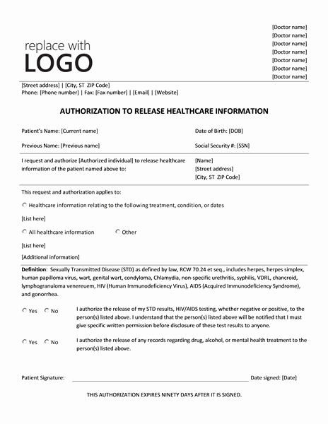 Authorization to Release Healthcare Information form