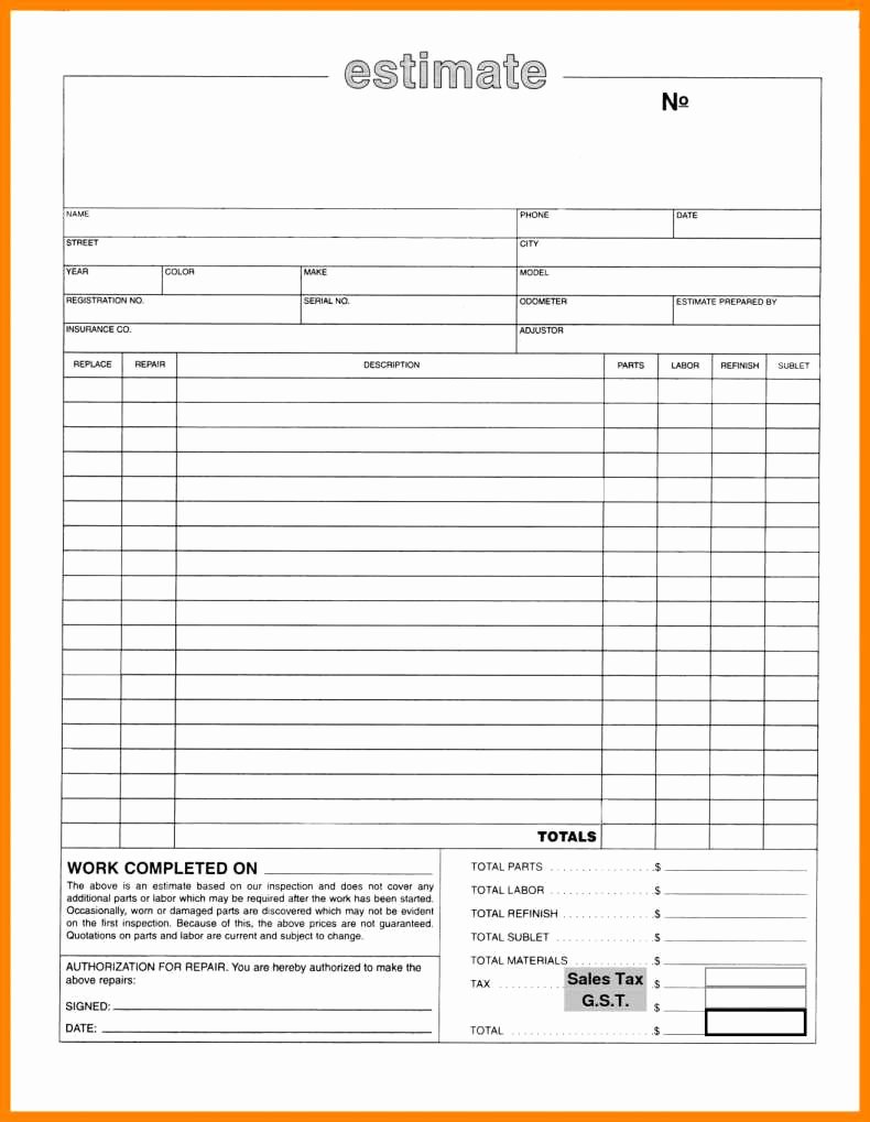 auto body repair estimate template