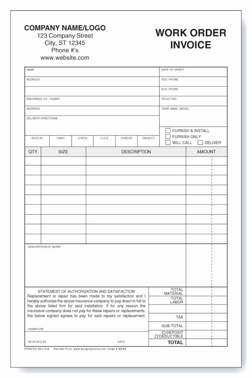 Auto Glass Work order Invoice Windy City forms