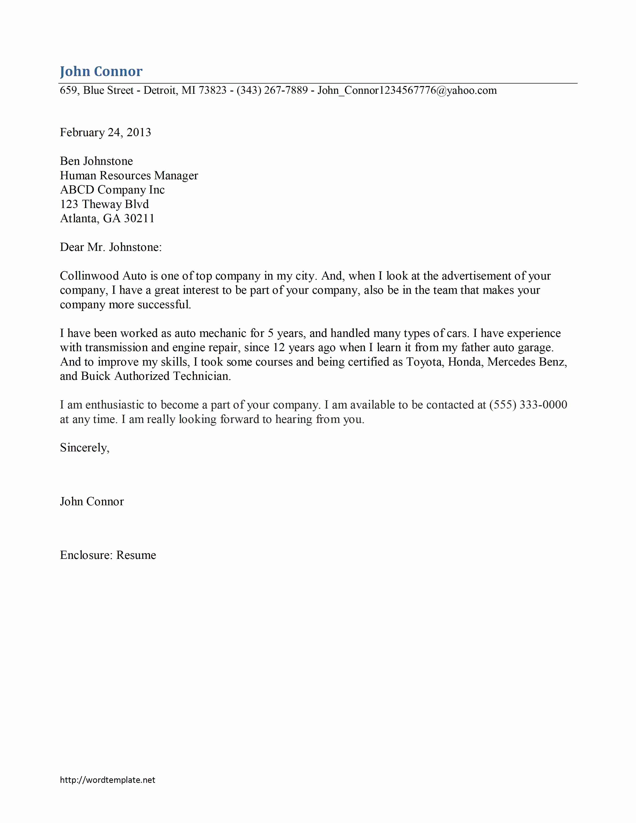 Auto Mechanic Cover Letter Template
