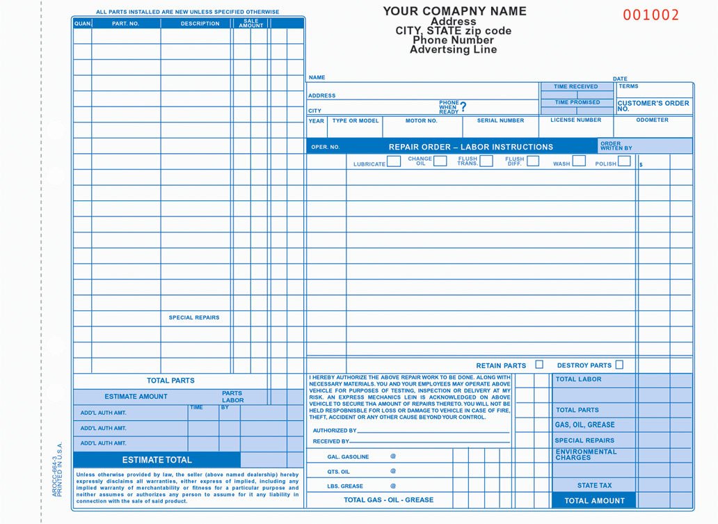 Auto Mechanic Work order forms Templates Resume