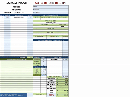 Auto Repair Invoice Template Excel