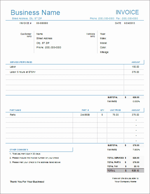 Auto Repair Invoice Template for Excel