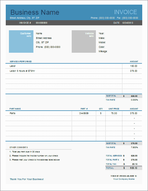 Auto Repair Invoice Template for Excel