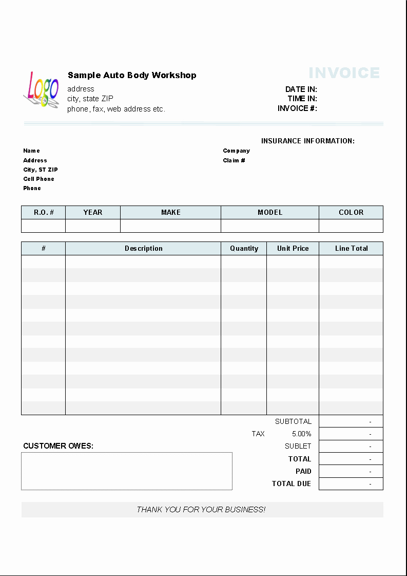 automotive repair invoice template