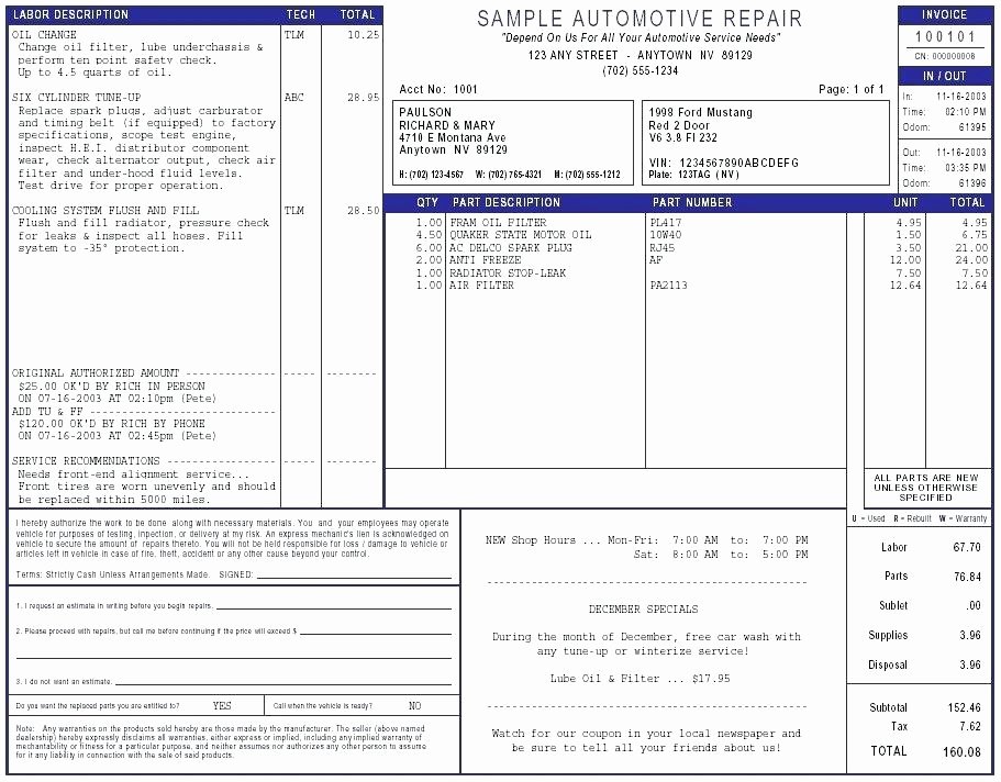 Automotive Work order Template Excel Auto Repair forms